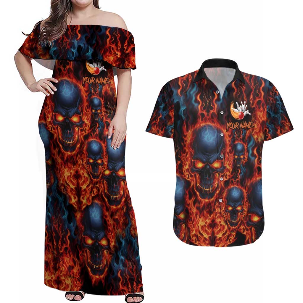 Custom Flaming Skull Bowling Couples Matching Off Shoulder Maxi Dress and Hawaiian Shirt with Fiery Pins and Intense Red Blue Flame Pattern - Wonder Print Shop