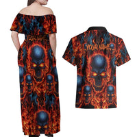 Custom Flaming Skull Bowling Couples Matching Off Shoulder Maxi Dress and Hawaiian Shirt with Fiery Pins and Intense Red Blue Flame Pattern - Wonder Print Shop