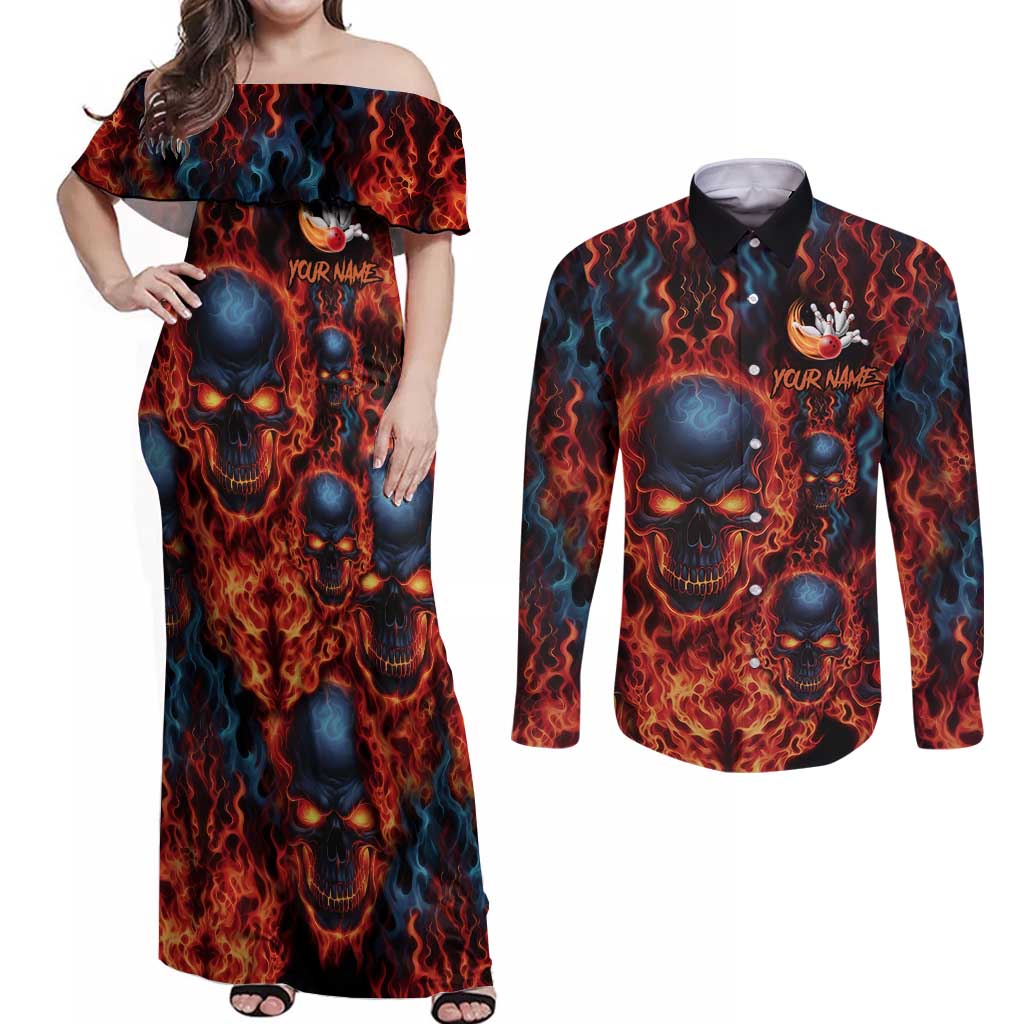 Custom Flaming Skull Bowling Couples Matching Off Shoulder Maxi Dress and Long Sleeve Button Shirt with Fiery Pins and Intense Red Blue Flame Pattern - Wonder Print Shop