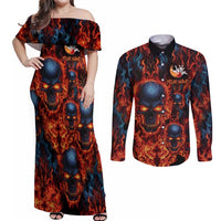 Custom Flaming Skull Bowling Couples Matching Off Shoulder Maxi Dress and Long Sleeve Button Shirt with Fiery Pins and Intense Red Blue Flame Pattern - Wonder Print Shop