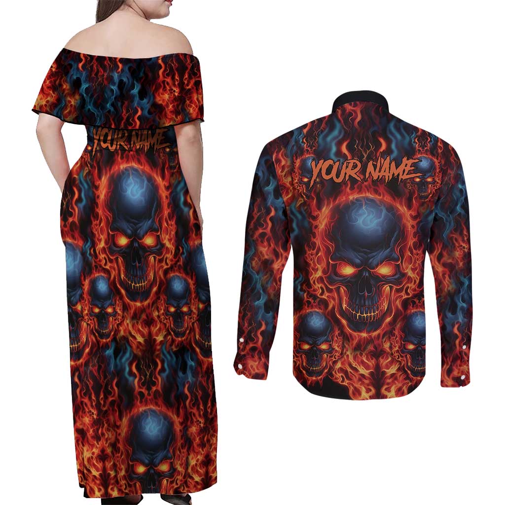 Custom Flaming Skull Bowling Couples Matching Off Shoulder Maxi Dress and Long Sleeve Button Shirt with Fiery Pins and Intense Red Blue Flame Pattern - Wonder Print Shop