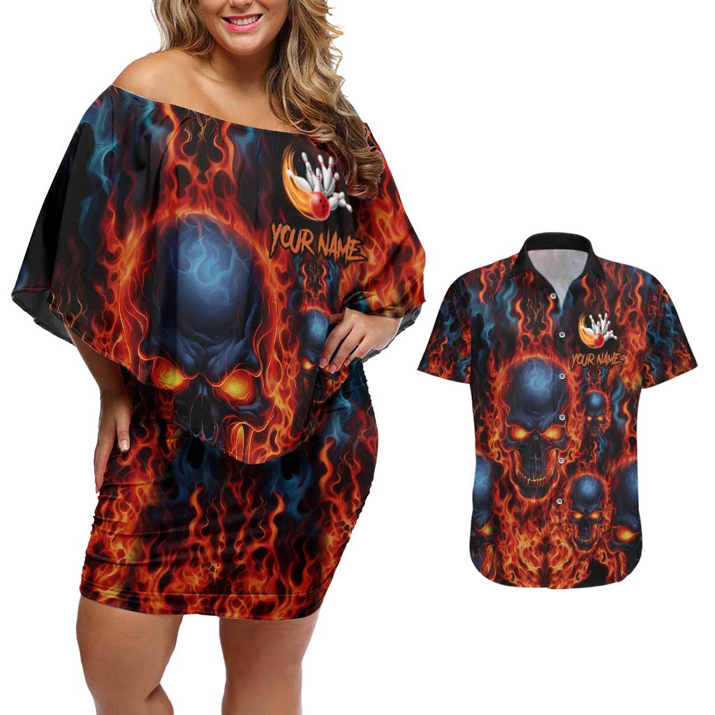 Custom Flaming Skull Bowling Couples Matching Off Shoulder Short Dress and Hawaiian Shirt with Fiery Pins and Intense Red Blue Flame Pattern - Wonder Print Shop