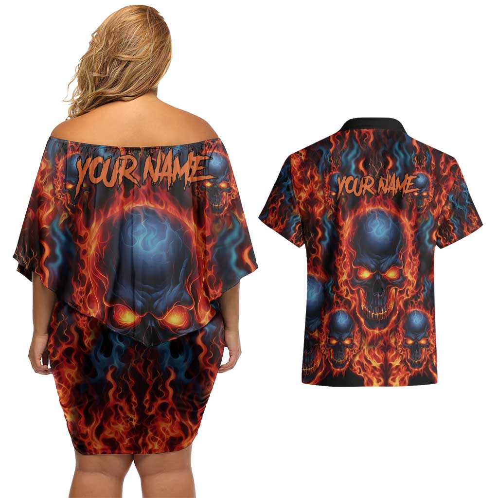 Custom Flaming Skull Bowling Couples Matching Off Shoulder Short Dress and Hawaiian Shirt with Fiery Pins and Intense Red Blue Flame Pattern - Wonder Print Shop