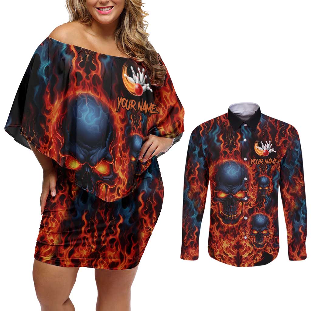 Custom Flaming Skull Bowling Couples Matching Off Shoulder Short Dress and Long Sleeve Button Shirt with Fiery Pins and Intense Red Blue Flame Pattern - Wonder Print Shop