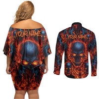 Custom Flaming Skull Bowling Couples Matching Off Shoulder Short Dress and Long Sleeve Button Shirt with Fiery Pins and Intense Red Blue Flame Pattern - Wonder Print Shop