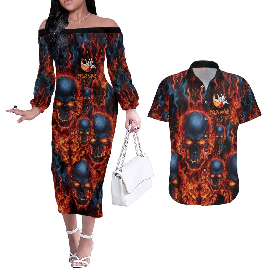 Custom Flaming Skull Bowling Couples Matching Off The Shoulder Long Sleeve Dress and Hawaiian Shirt with Fiery Pins and Intense Red Blue Flame Pattern - Wonder Print Shop
