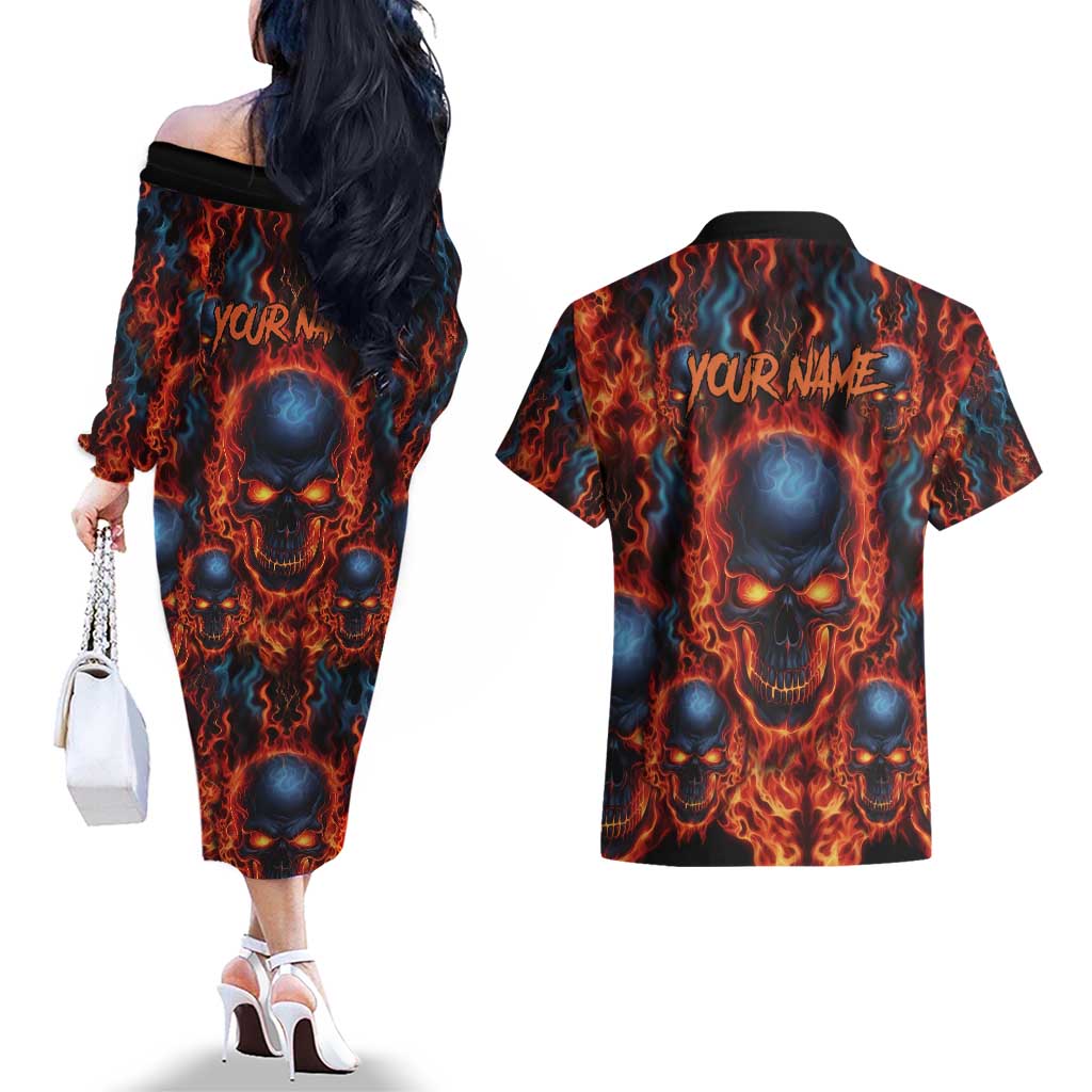 Custom Flaming Skull Bowling Couples Matching Off The Shoulder Long Sleeve Dress and Hawaiian Shirt with Fiery Pins and Intense Red Blue Flame Pattern - Wonder Print Shop