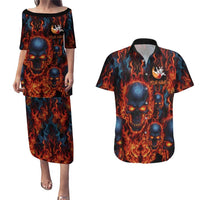 Custom Flaming Skull Bowling Couples Matching Puletasi and Hawaiian Shirt with Fiery Pins and Intense Red Blue Flame Pattern - Wonder Print Shop