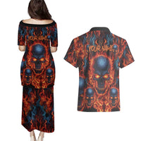 Custom Flaming Skull Bowling Couples Matching Puletasi and Hawaiian Shirt with Fiery Pins and Intense Red Blue Flame Pattern - Wonder Print Shop