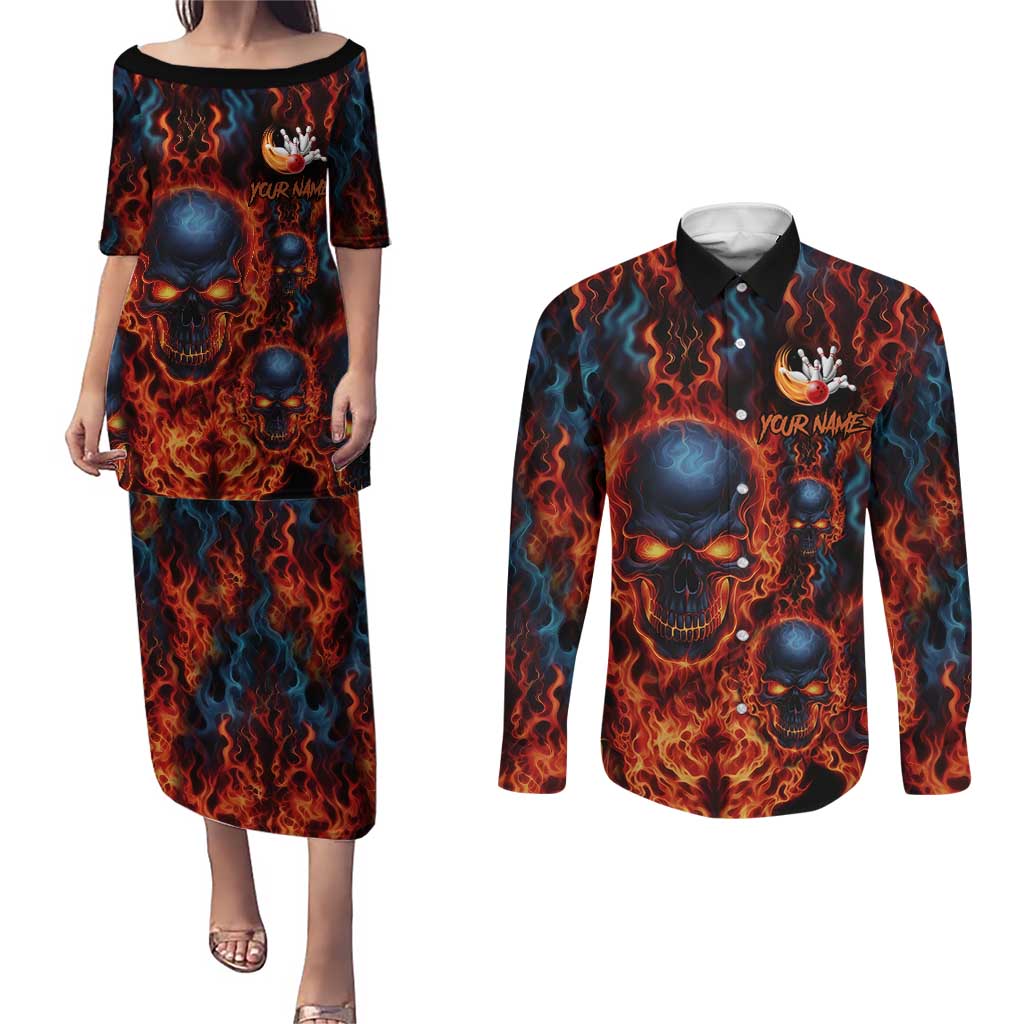 Custom Flaming Skull Bowling Couples Matching Puletasi and Long Sleeve Button Shirt with Fiery Pins and Intense Red Blue Flame Pattern - Wonder Print Shop