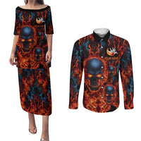 Custom Flaming Skull Bowling Couples Matching Puletasi and Long Sleeve Button Shirt with Fiery Pins and Intense Red Blue Flame Pattern - Wonder Print Shop