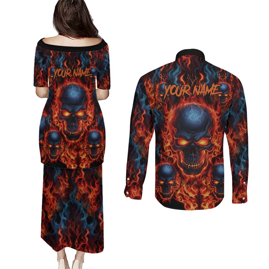 Custom Flaming Skull Bowling Couples Matching Puletasi and Long Sleeve Button Shirt with Fiery Pins and Intense Red Blue Flame Pattern - Wonder Print Shop