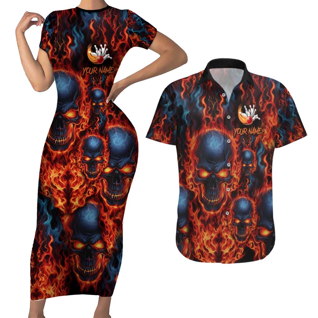 Custom Flaming Skull Bowling Couples Matching Short Sleeve Bodycon Dress and Hawaiian Shirt with Fiery Pins and Intense Red Blue Flame Pattern - Wonder Print Shop