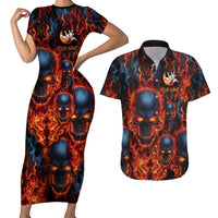 Custom Flaming Skull Bowling Couples Matching Short Sleeve Bodycon Dress and Hawaiian Shirt with Fiery Pins and Intense Red Blue Flame Pattern - Wonder Print Shop