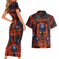 Custom Flaming Skull Bowling Couples Matching Short Sleeve Bodycon Dress and Hawaiian Shirt with Fiery Pins and Intense Red Blue Flame Pattern - Wonder Print Shop