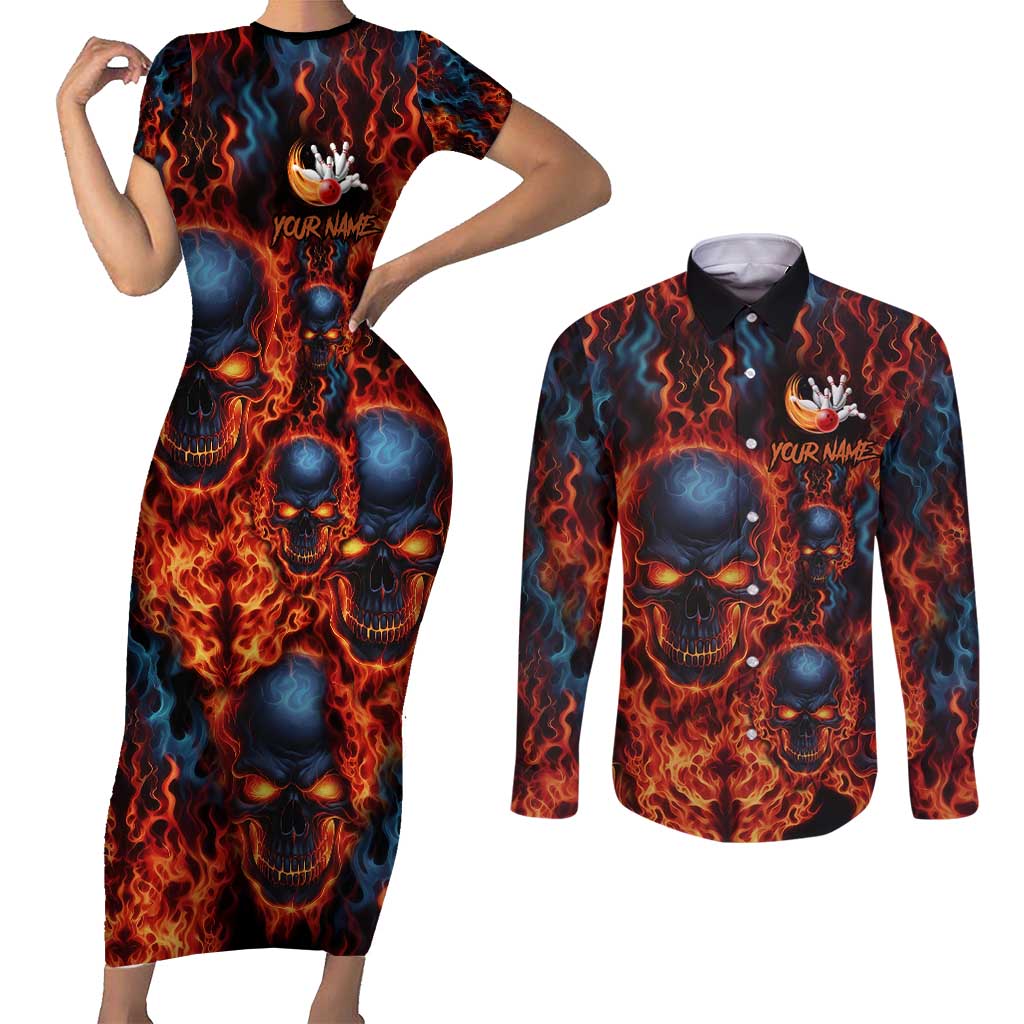 Custom Flaming Skull Bowling Couples Matching Short Sleeve Bodycon Dress and Long Sleeve Button Shirt with Fiery Pins and Intense Red Blue Flame Pattern - Wonder Print Shop
