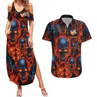 Custom Flaming Skull Bowling Couples Matching Summer Maxi Dress and Hawaiian Shirt with Fiery Pins and Intense Red Blue Flame Pattern - Wonder Print Shop