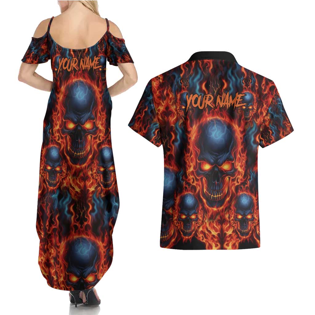 Custom Flaming Skull Bowling Couples Matching Summer Maxi Dress and Hawaiian Shirt with Fiery Pins and Intense Red Blue Flame Pattern - Wonder Print Shop