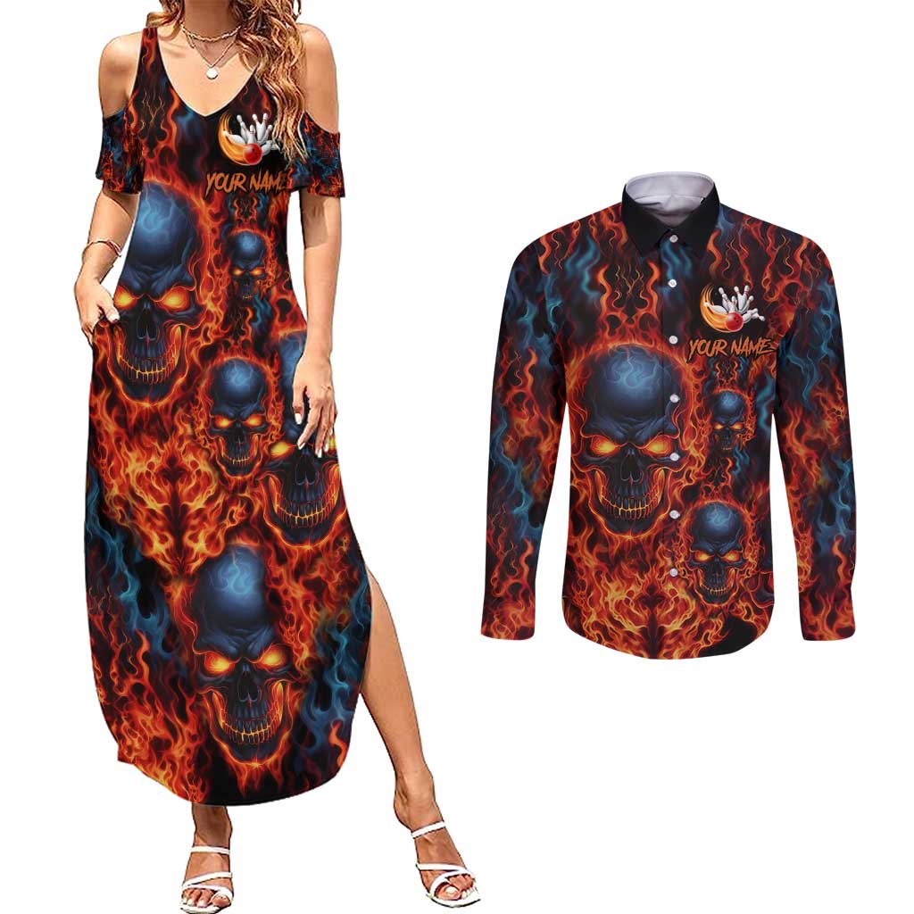 Custom Flaming Skull Bowling Couples Matching Summer Maxi Dress and Long Sleeve Button Shirt with Fiery Pins and Intense Red Blue Flame Pattern - Wonder Print Shop