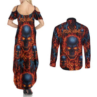 Custom Flaming Skull Bowling Couples Matching Summer Maxi Dress and Long Sleeve Button Shirt with Fiery Pins and Intense Red Blue Flame Pattern - Wonder Print Shop