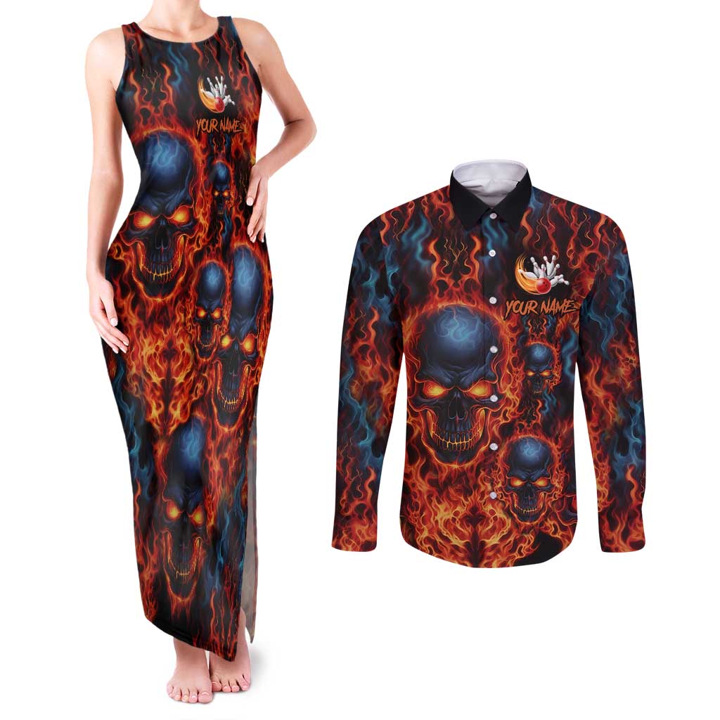 Custom Flaming Skull Bowling Couples Matching Tank Maxi Dress and Long Sleeve Button Shirt with Fiery Pins and Intense Red Blue Flame Pattern - Wonder Print Shop