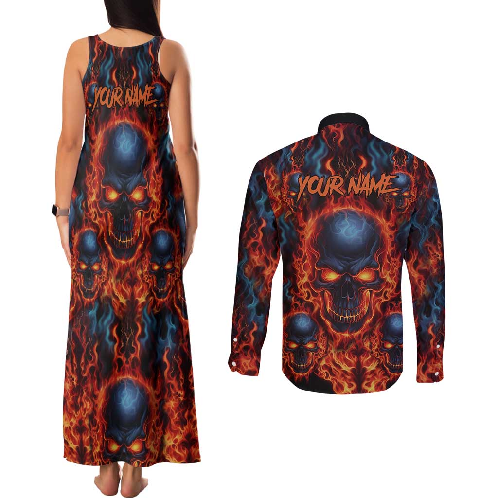 Custom Flaming Skull Bowling Couples Matching Tank Maxi Dress and Long Sleeve Button Shirt with Fiery Pins and Intense Red Blue Flame Pattern - Wonder Print Shop