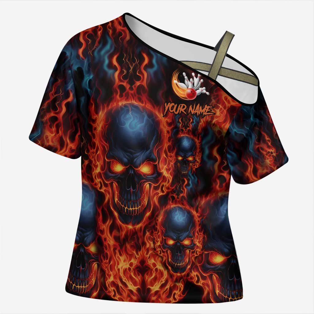 Custom Flaming Skull Bowling Cross Shoulder Shirt with Fiery Pins and Intense Red Blue Flame Pattern - Wonder Print Shop