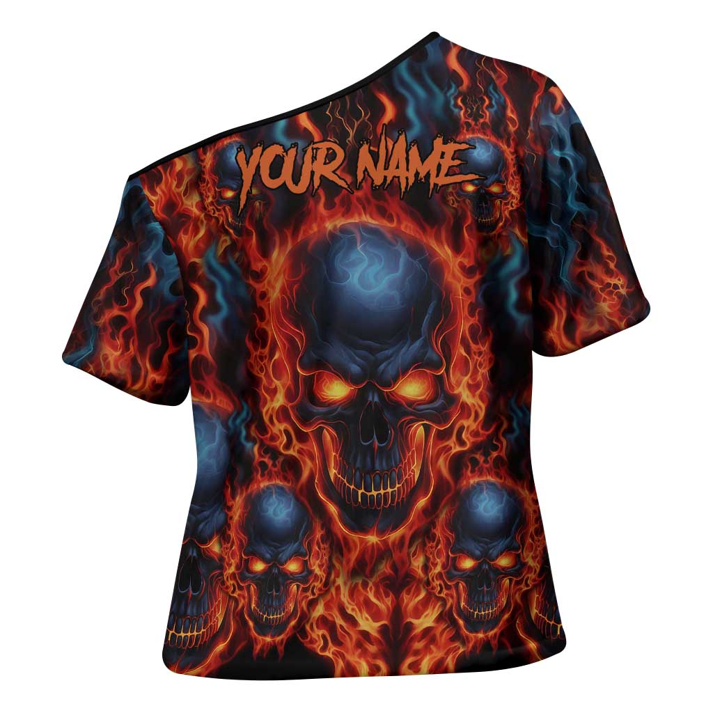 Custom Flaming Skull Bowling Cross Shoulder Shirt with Fiery Pins and Intense Red Blue Flame Pattern - Wonder Print Shop