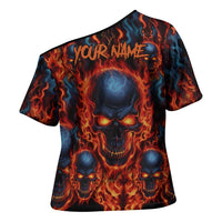 Custom Flaming Skull Bowling Cross Shoulder Shirt with Fiery Pins and Intense Red Blue Flame Pattern - Wonder Print Shop