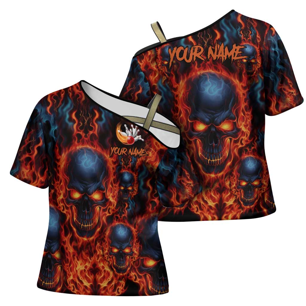 Custom Flaming Skull Bowling Cross Shoulder Shirt with Fiery Pins and Intense Red Blue Flame Pattern - Wonder Print Shop