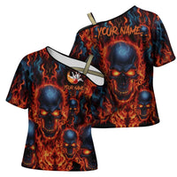 Custom Flaming Skull Bowling Cross Shoulder Shirt with Fiery Pins and Intense Red Blue Flame Pattern - Wonder Print Shop