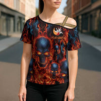 Custom Flaming Skull Bowling Cross Shoulder Shirt with Fiery Pins and Intense Red Blue Flame Pattern - Wonder Print Shop