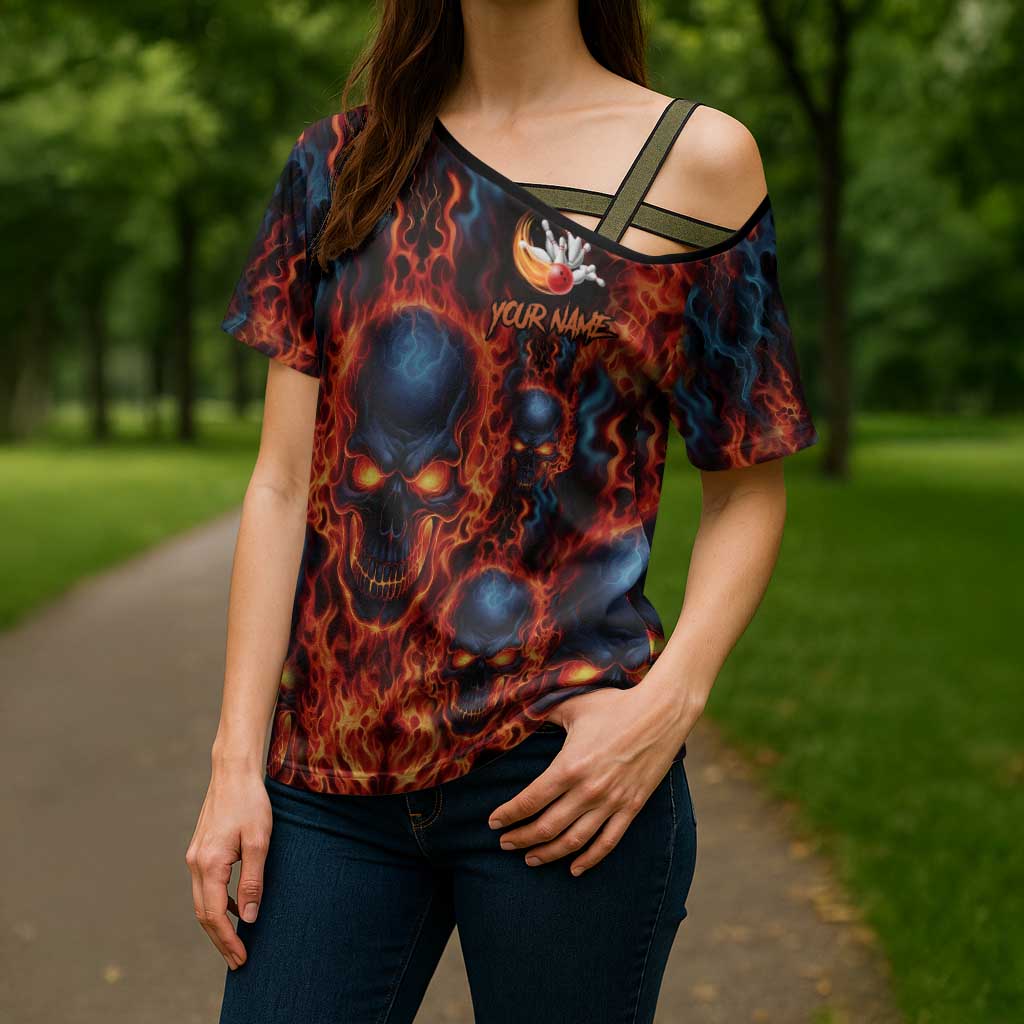 Custom Flaming Skull Bowling Cross Shoulder Shirt with Fiery Pins and Intense Red Blue Flame Pattern - Wonder Print Shop