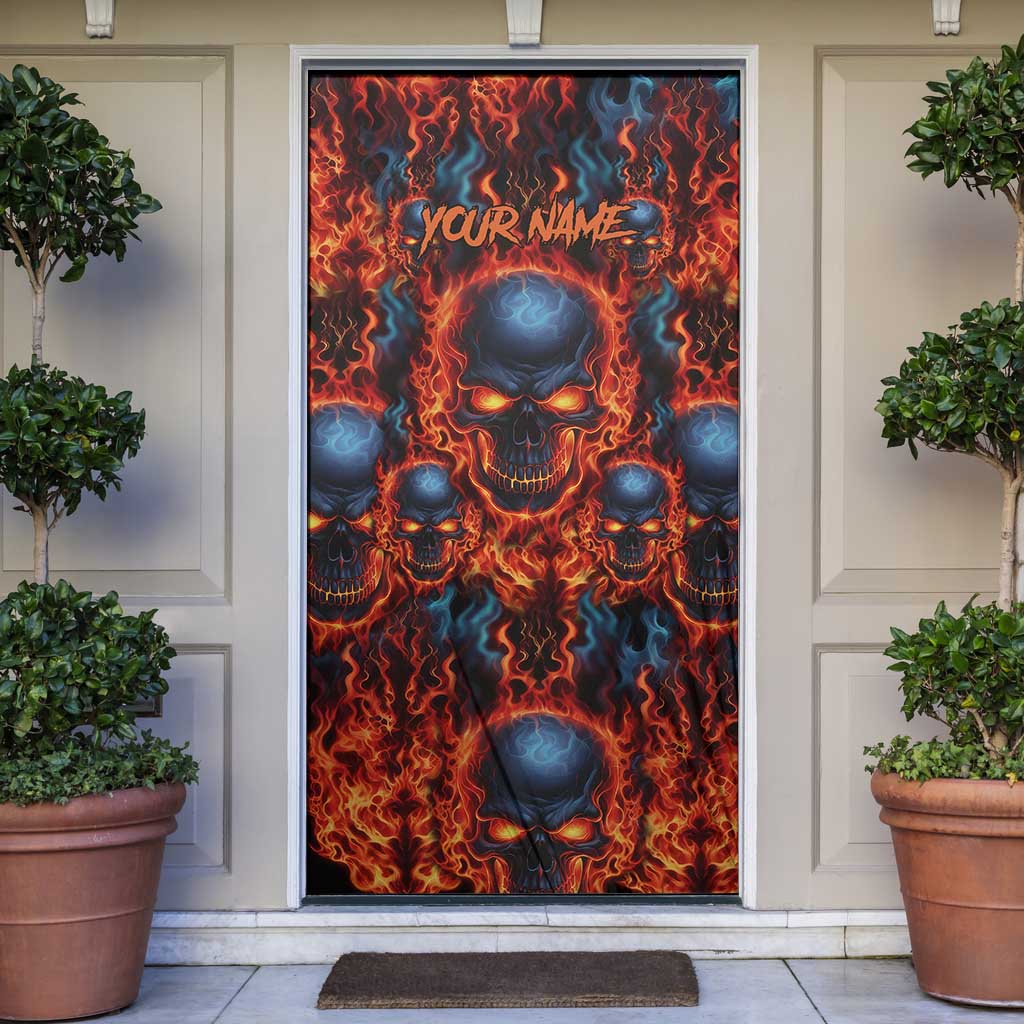 Custom Flaming Skull Bowling Door Cover with Fiery Pins and Intense Red Blue Flame Pattern - Wonder Print Shop