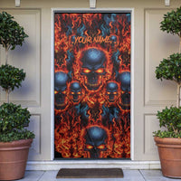 Custom Flaming Skull Bowling Door Cover with Fiery Pins and Intense Red Blue Flame Pattern - Wonder Print Shop