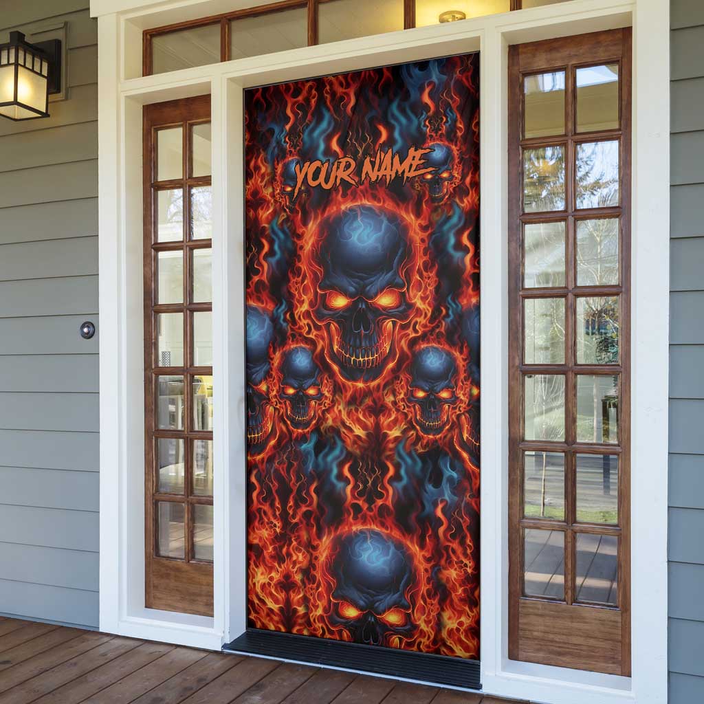 Custom Flaming Skull Bowling Door Cover with Fiery Pins and Intense Red Blue Flame Pattern - Wonder Print Shop