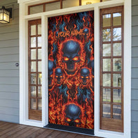 Custom Flaming Skull Bowling Door Cover with Fiery Pins and Intense Red Blue Flame Pattern - Wonder Print Shop