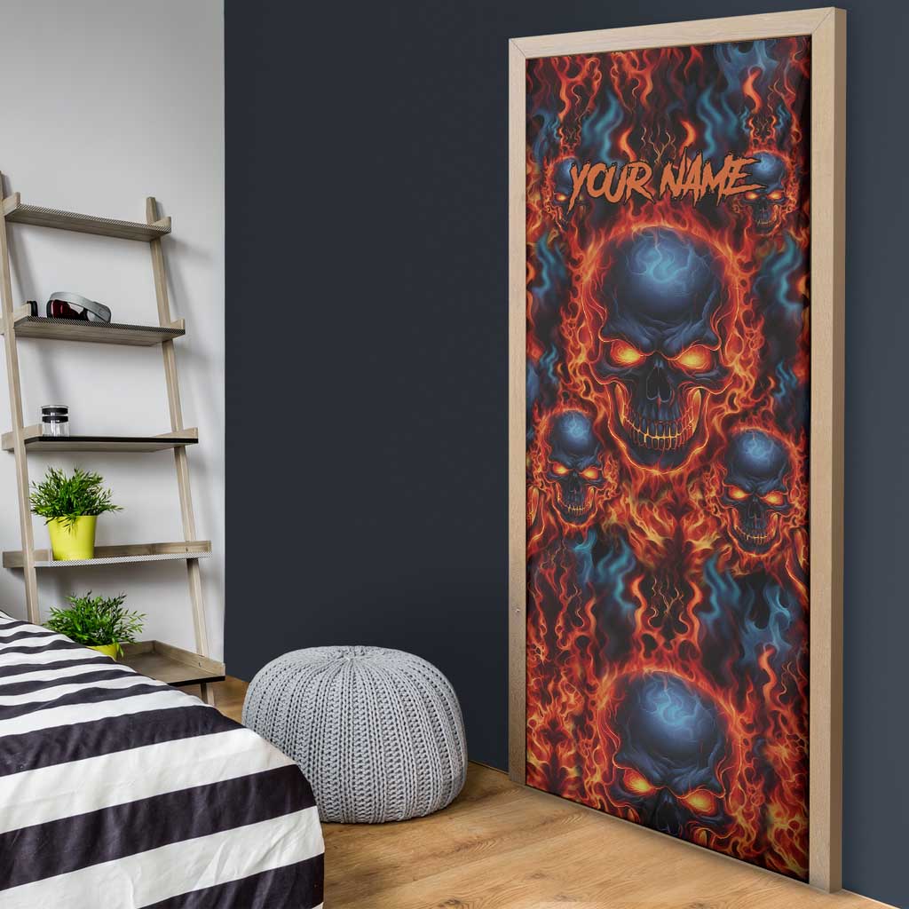Custom Flaming Skull Bowling Door Cover with Fiery Pins and Intense Red Blue Flame Pattern - Wonder Print Shop