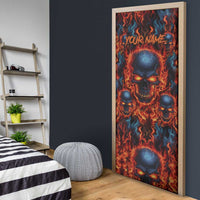 Custom Flaming Skull Bowling Door Cover with Fiery Pins and Intense Red Blue Flame Pattern - Wonder Print Shop
