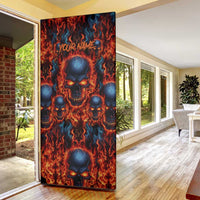 Custom Flaming Skull Bowling Door Cover with Fiery Pins and Intense Red Blue Flame Pattern - Wonder Print Shop