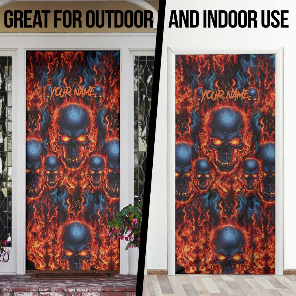 Custom Flaming Skull Bowling Door Cover with Fiery Pins and Intense Red Blue Flame Pattern - Wonder Print Shop