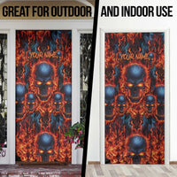 Custom Flaming Skull Bowling Door Cover with Fiery Pins and Intense Red Blue Flame Pattern - Wonder Print Shop