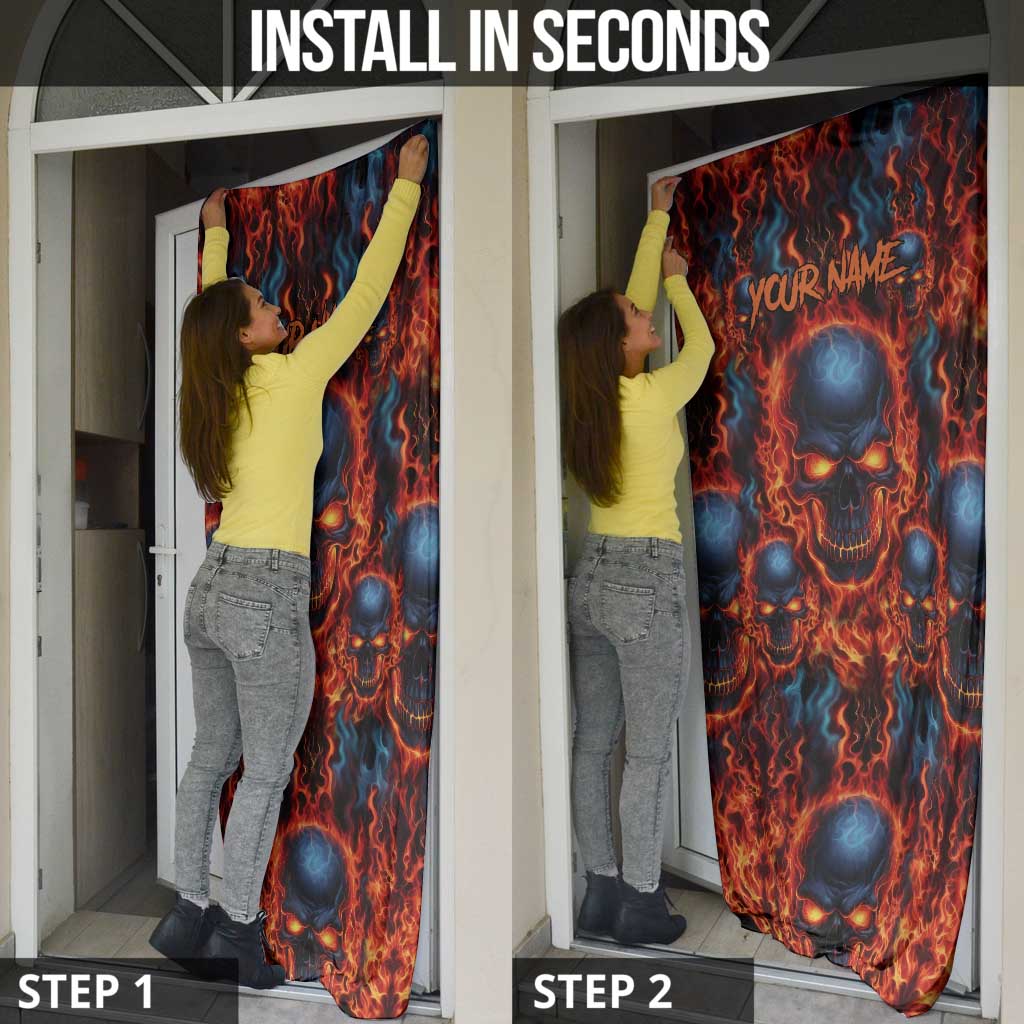 Custom Flaming Skull Bowling Door Cover with Fiery Pins and Intense Red Blue Flame Pattern - Wonder Print Shop