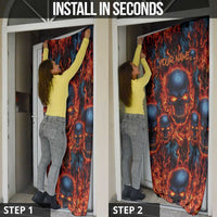 Custom Flaming Skull Bowling Door Cover with Fiery Pins and Intense Red Blue Flame Pattern - Wonder Print Shop