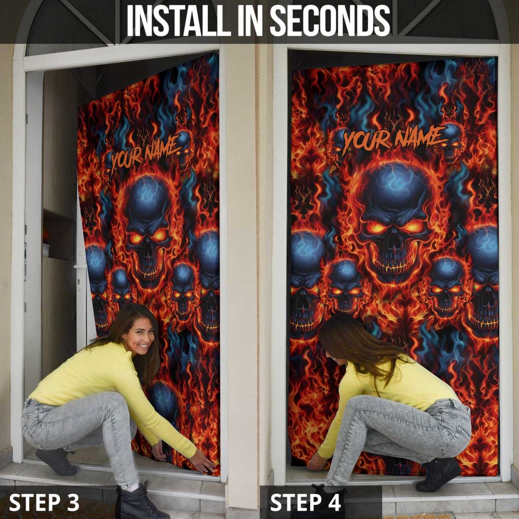 Custom Flaming Skull Bowling Door Cover with Fiery Pins and Intense Red Blue Flame Pattern - Wonder Print Shop