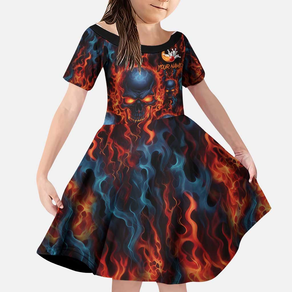 Custom Flaming Skull Bowling Family Matching Long Sleeve Bodycon Dress and Hawaiian Shirt with Fiery Pins and Intense Red Blue Flame Pattern - Wonder Print Shop