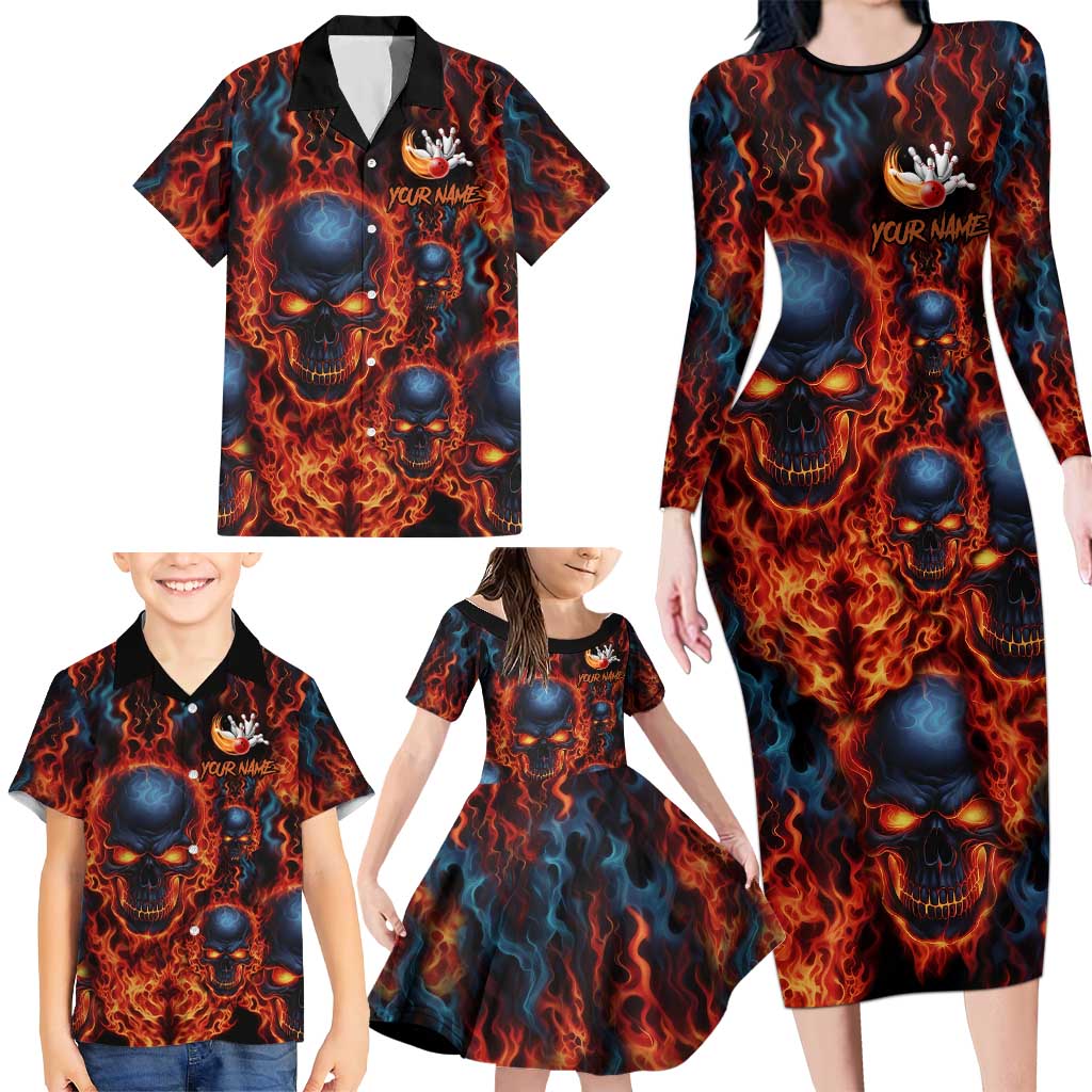 Custom Flaming Skull Bowling Family Matching Long Sleeve Bodycon Dress and Hawaiian Shirt with Fiery Pins and Intense Red Blue Flame Pattern - Wonder Print Shop