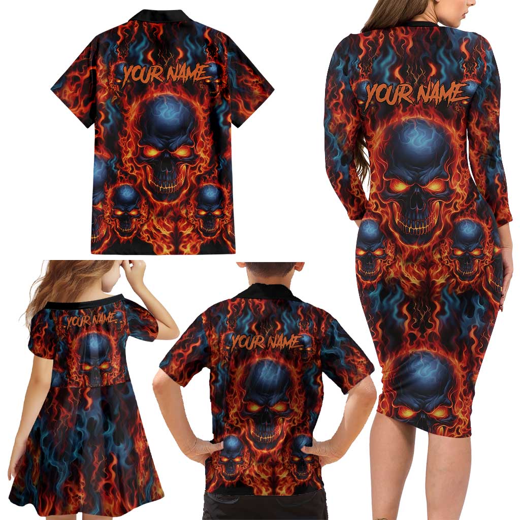 Custom Flaming Skull Bowling Family Matching Long Sleeve Bodycon Dress and Hawaiian Shirt with Fiery Pins and Intense Red Blue Flame Pattern - Wonder Print Shop