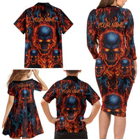 Custom Flaming Skull Bowling Family Matching Long Sleeve Bodycon Dress and Hawaiian Shirt with Fiery Pins and Intense Red Blue Flame Pattern - Wonder Print Shop