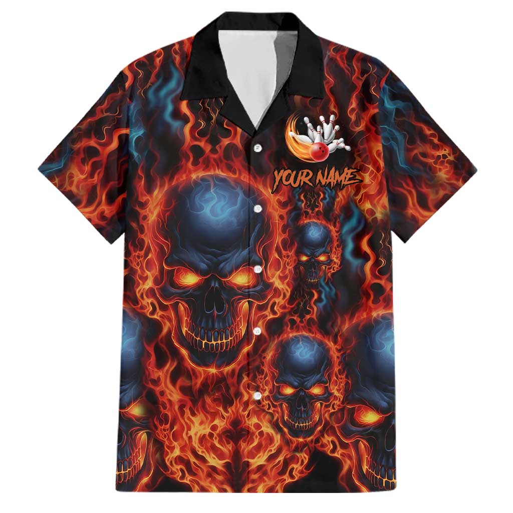 Custom Flaming Skull Bowling Family Matching Long Sleeve Bodycon Dress and Hawaiian Shirt with Fiery Pins and Intense Red Blue Flame Pattern - Wonder Print Shop